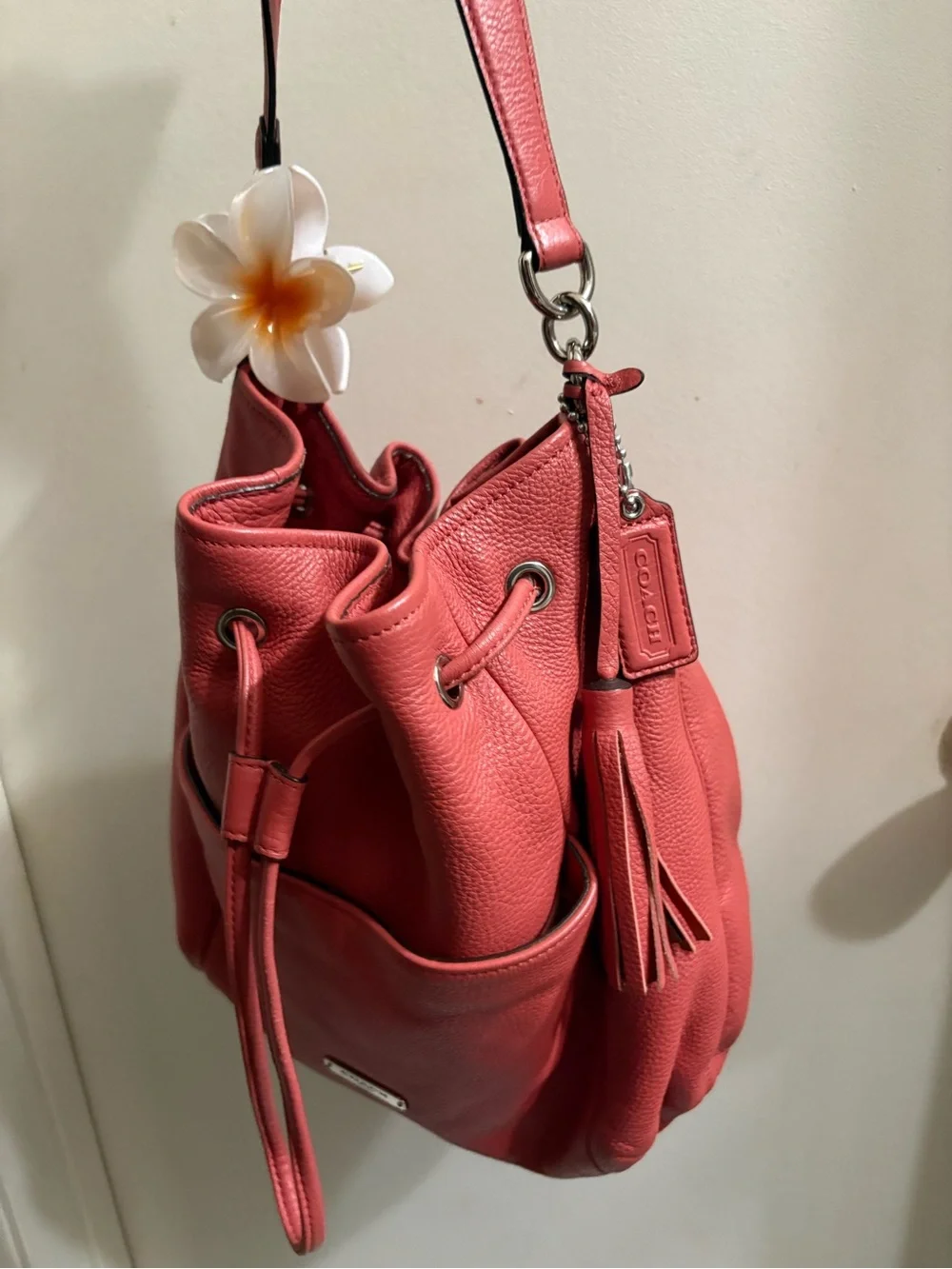 Coach Coral Pink Pebbled Leather Drawstring Hobo
